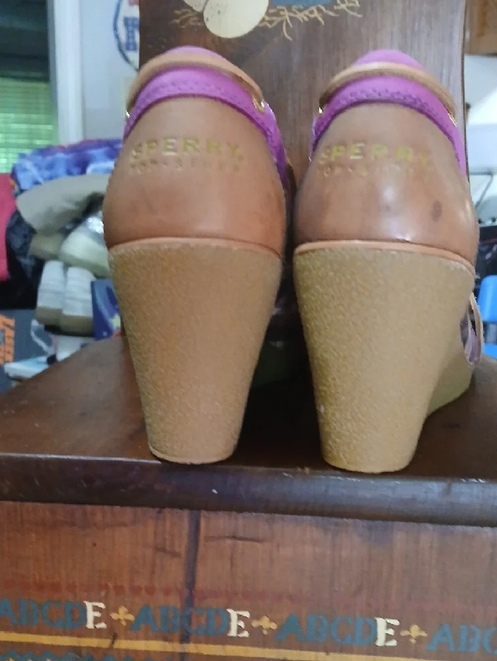 Sperry/topsider,suede Fuscia Plaid Wedge Shoes‎ with Tan Leather-Laces, Sz.8m